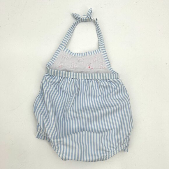 JANIE AND JACK Blue White Striped Pink Flower Halter Baby Swim Suit 3-6 Months - Picture 2 of 4